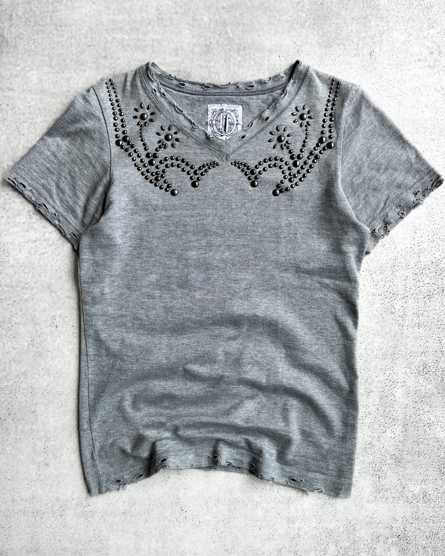 Obelisk 00s Studded and Distressed V-Neck Tee
